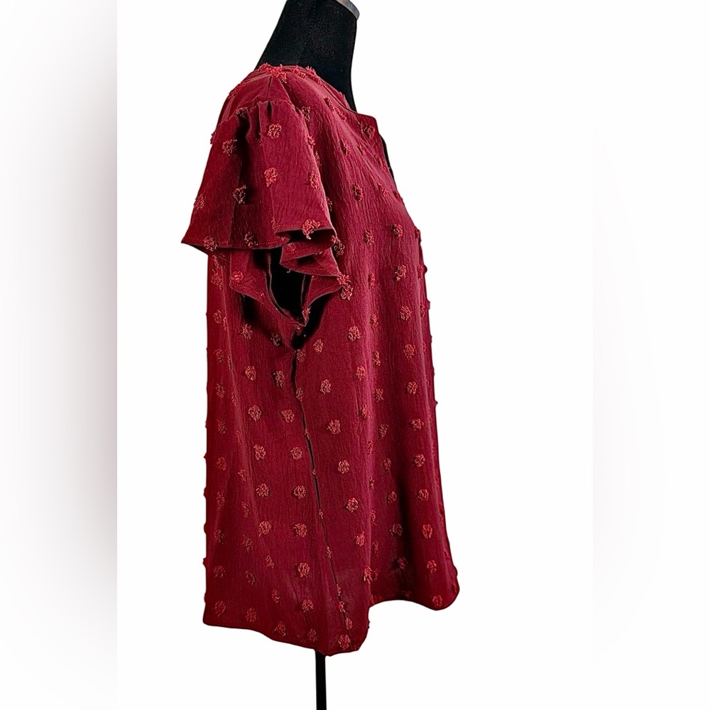 B. Burgundy Fuzzy Dot V-Neck Shirt XL Boho Flutter Sleeve Blouse Size M - Picture 4 of 7